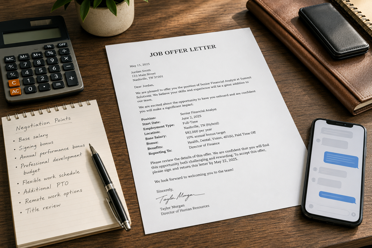 A job offer letter beside negotiation notes and a smartphone with a generic AI chat interface, representing preparing for a salary negotiation.