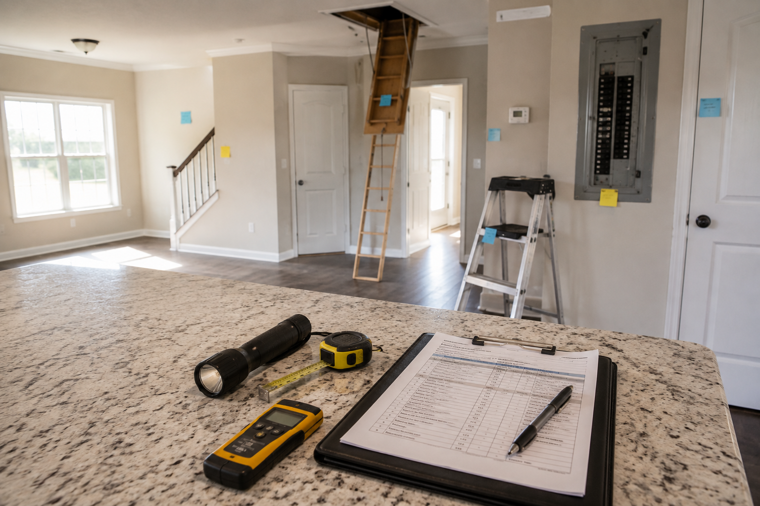 Home inspection report and inspection tools inside a house, representing the process of understanding inspection findings before buying a home.