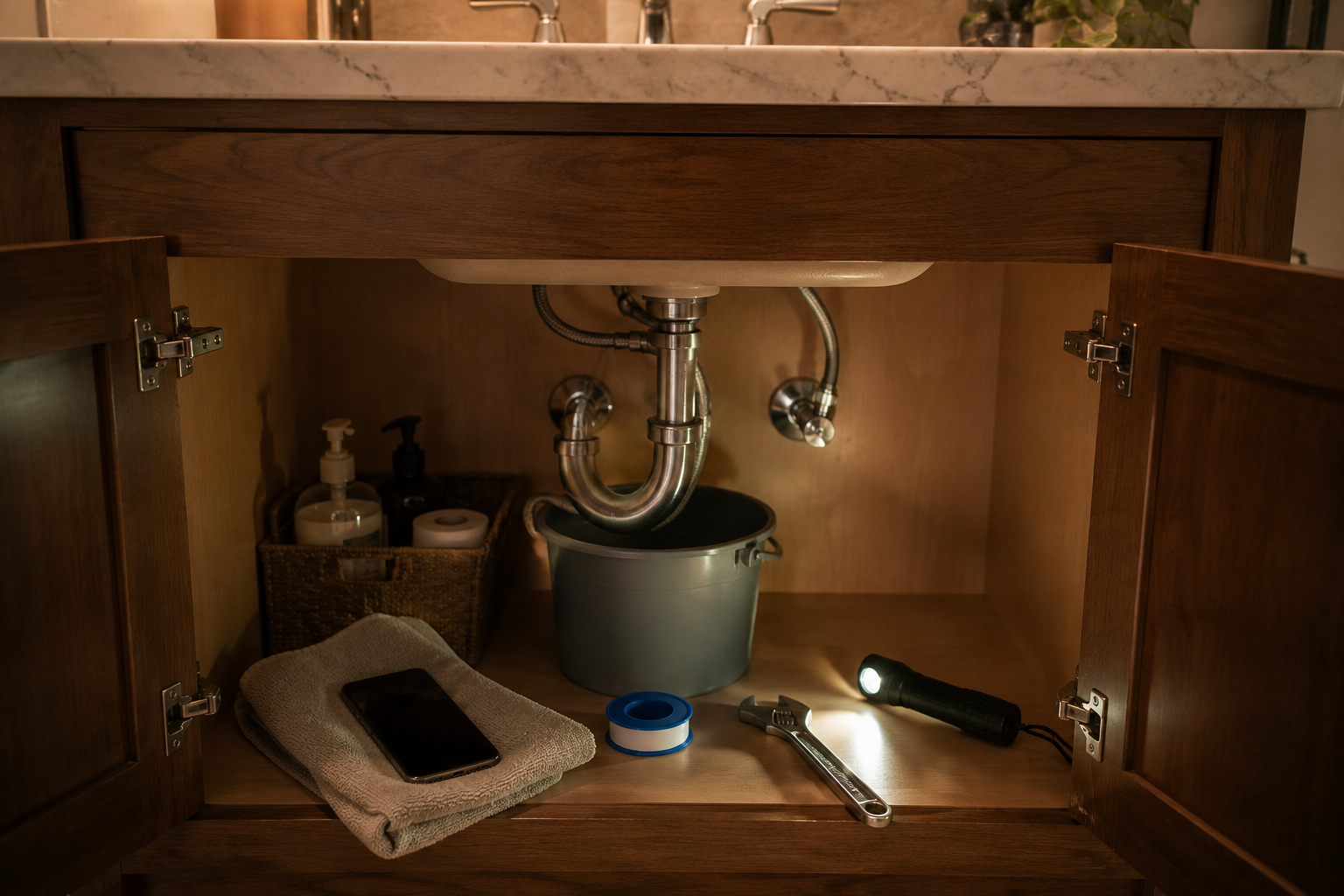 An open bathroom sink cabinet with exposed plumbing, basic tools, a bucket, and a smartphone used to investigate a plumbing problem.