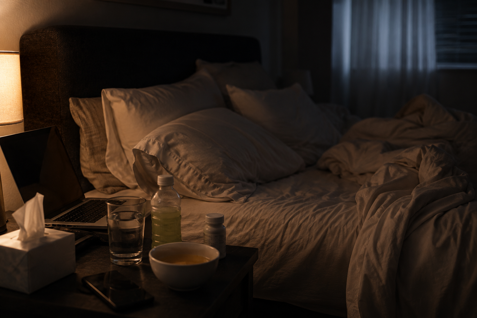 dimly lit bedroom at approximately 3 a.m. with an unmade bed, several pillows propped upright, a softly glowing laptop on the nightstand, a glass of water, electrolyte drink, medicine bottle with no readable label, a small bowl of broth, tissues, and a phone lying nearby. The room feels quiet, uncomfortable, and exhausted but not frightening. Realistic cinematic editorial photography, warm neutral colors, soft lamp light mixed with faint moonlight, shallow depth of field. No people, no faces, no text, no logos, no needles, no futuristic AI imagery.