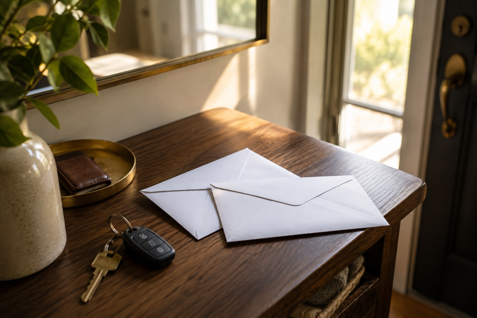 Two unopened envelopes on an entryway table representing two job offers waiting to be compared before making a career decision.
