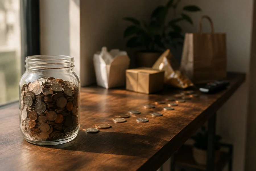 A jar of coins with a trail leading toward everyday purchases, representing money gradually disappearing through small recurring expenses.