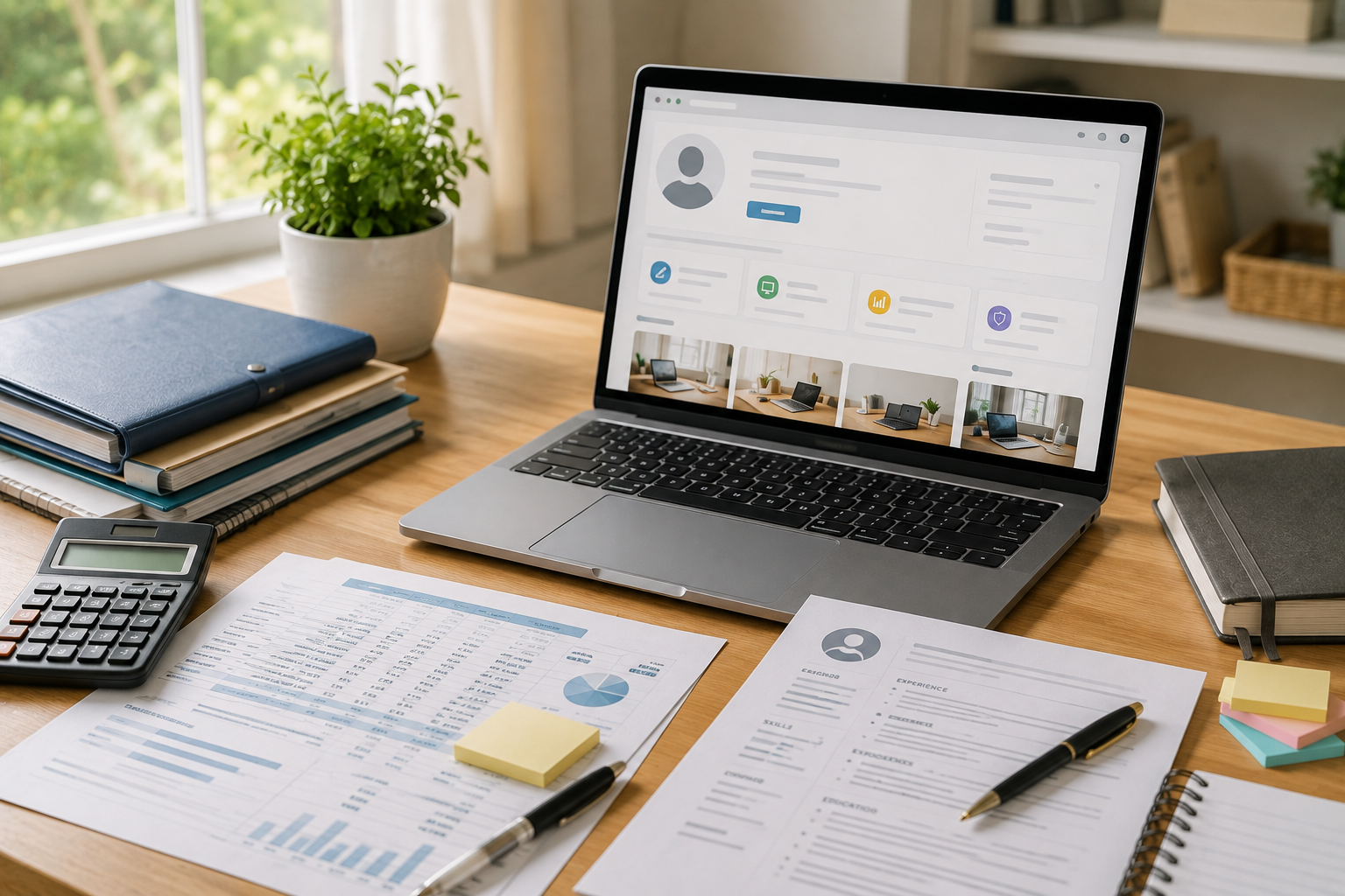 A laptop displaying a generic freelance profile beside spreadsheets, project folders, and work documents representing turning career experience into freelance services.