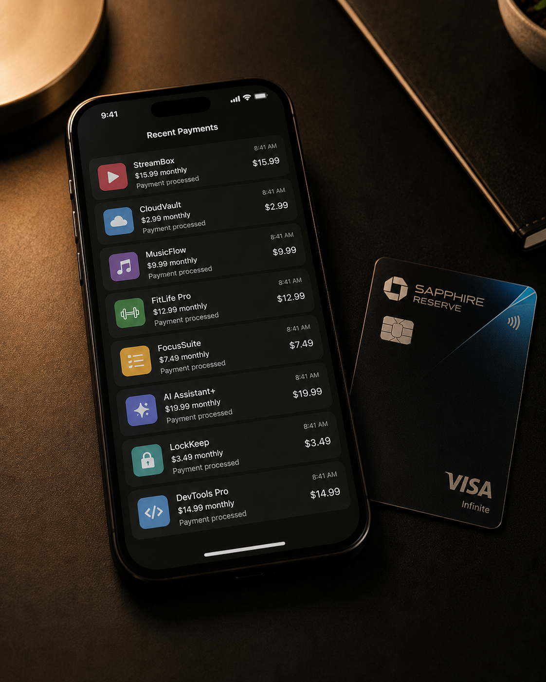 A smartphone displaying multiple recurring subscription payment notifications beside a credit card, illustrating the growing cost of monthly digital services.