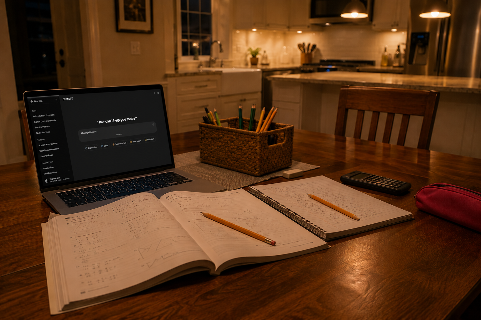 A cozy homework setup with school books, a laptop, and study supplies on a kitchen table.