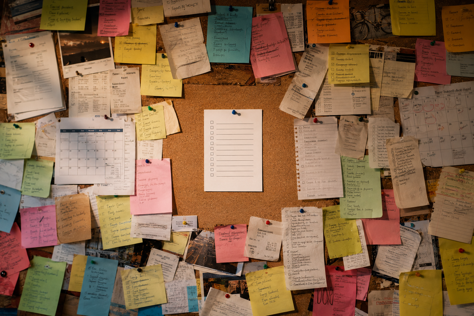 An overcrowded bulletin board filled with reminders and sticky notes surrounding one organized checklist, representing finding clarity when everything feels important.