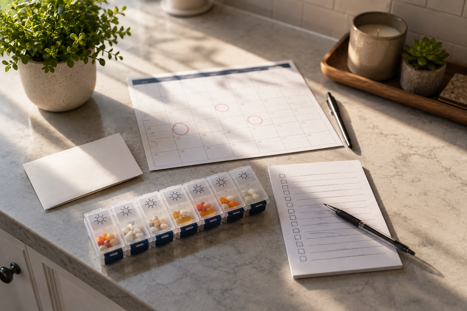 A kitchen counter with medication organizers, a calendar, and a checklist representing preparing for a doctor's appointment.