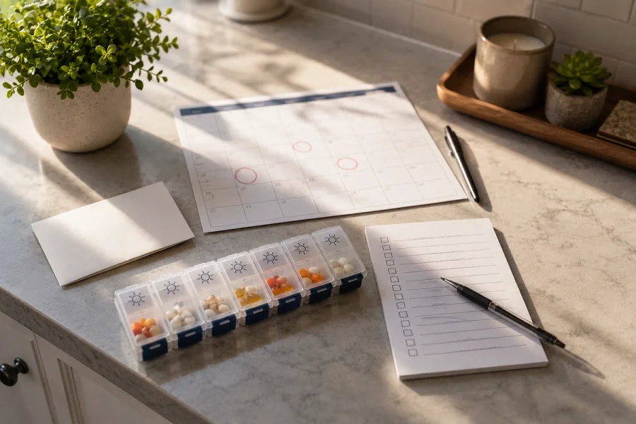 A kitchen counter with medication organizers, a calendar, and a checklist representing preparing for a doctor's appointment.