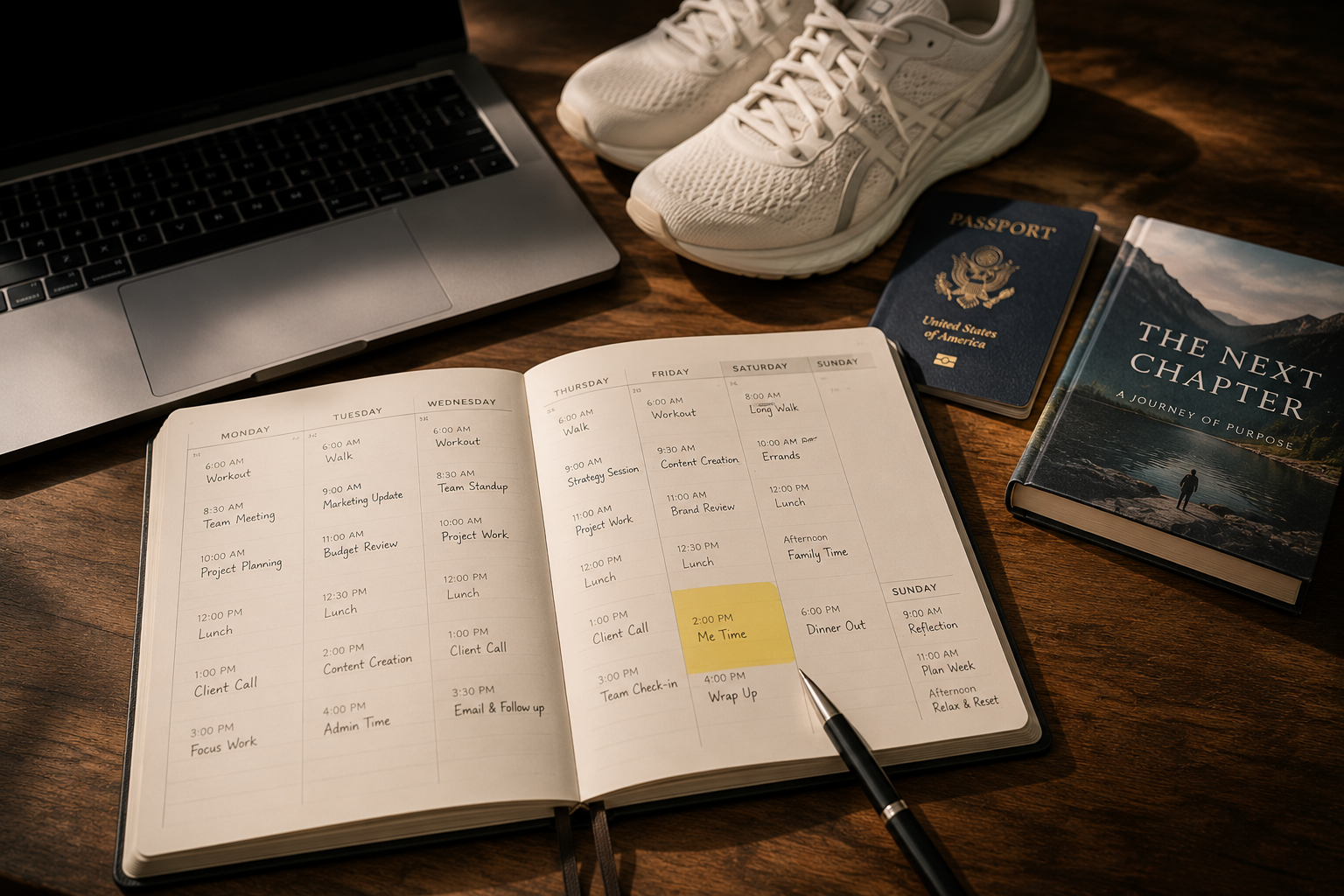A weekly planner filled with appointments, with one highlighted block reserved for personal time beside a laptop, passport, walking shoes, and a book.