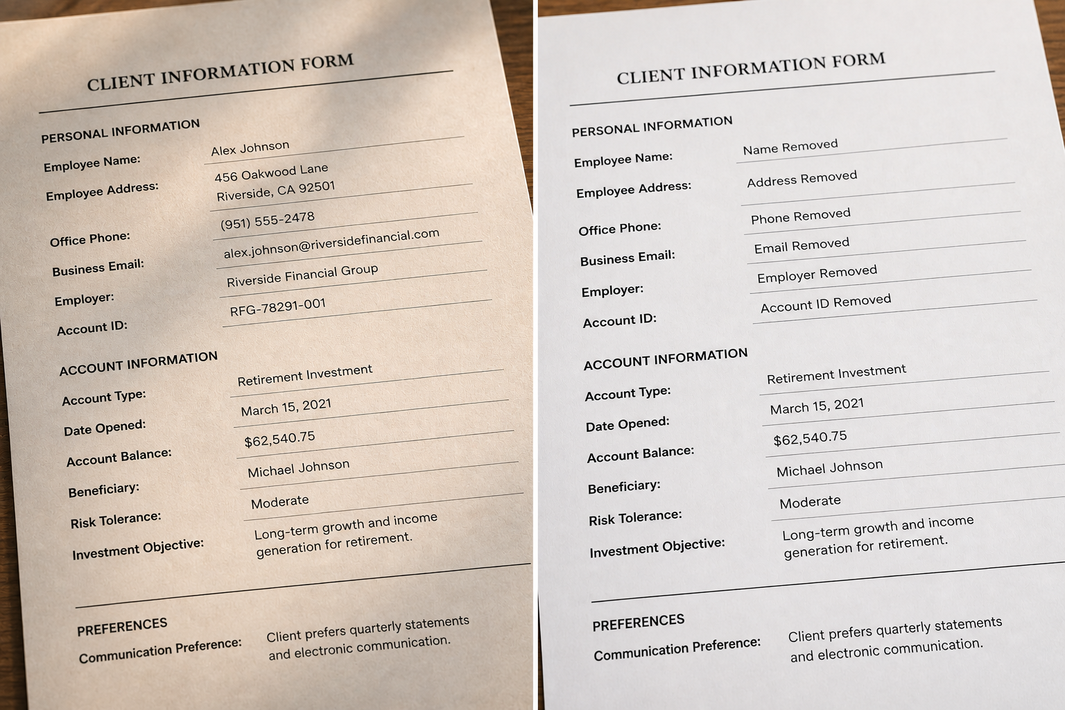 Two versions of the same document shown side by side, with one containing personal information and the other replacing names, addresses, phone numbers, and account details with generic labels before sharing with AI.