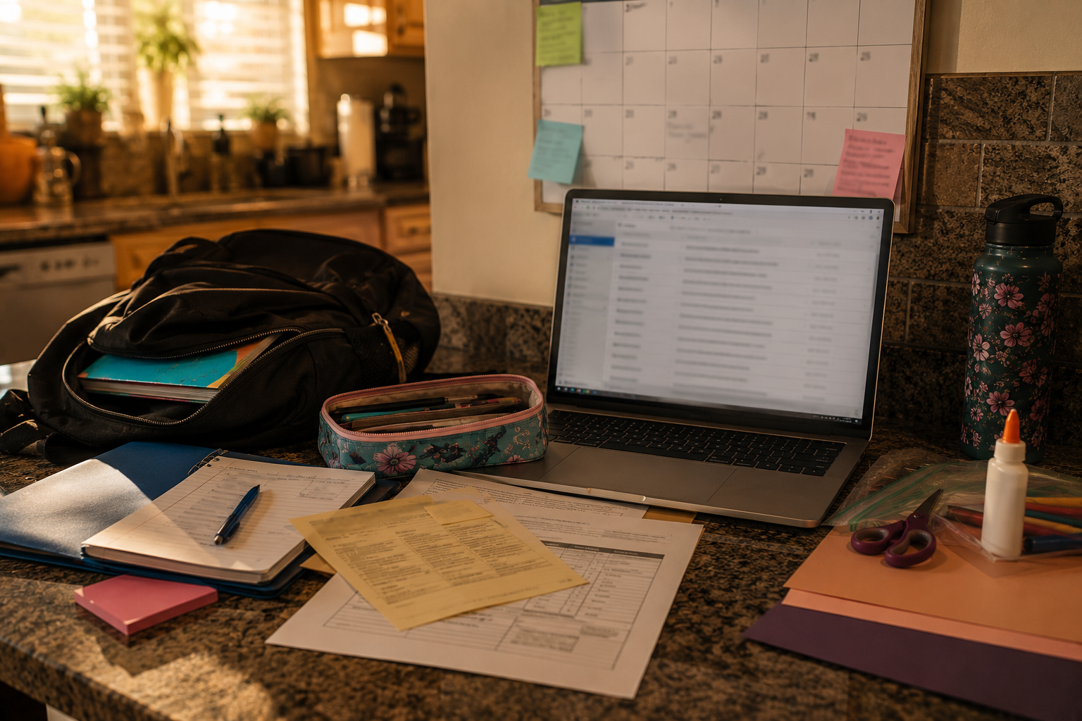 A kitchen counter with a backpack, school papers, calendar, project supplies, and laptop representing scattered school deadlines being organized into one family plan.