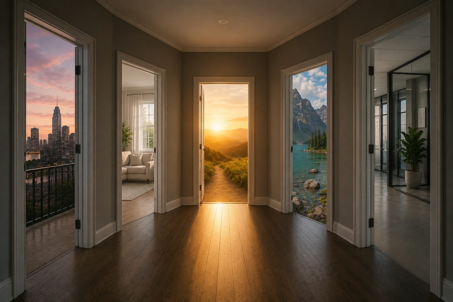 Several open doorways leading to different possible paths, representing overthinking an important decision before finally choosing a direction.