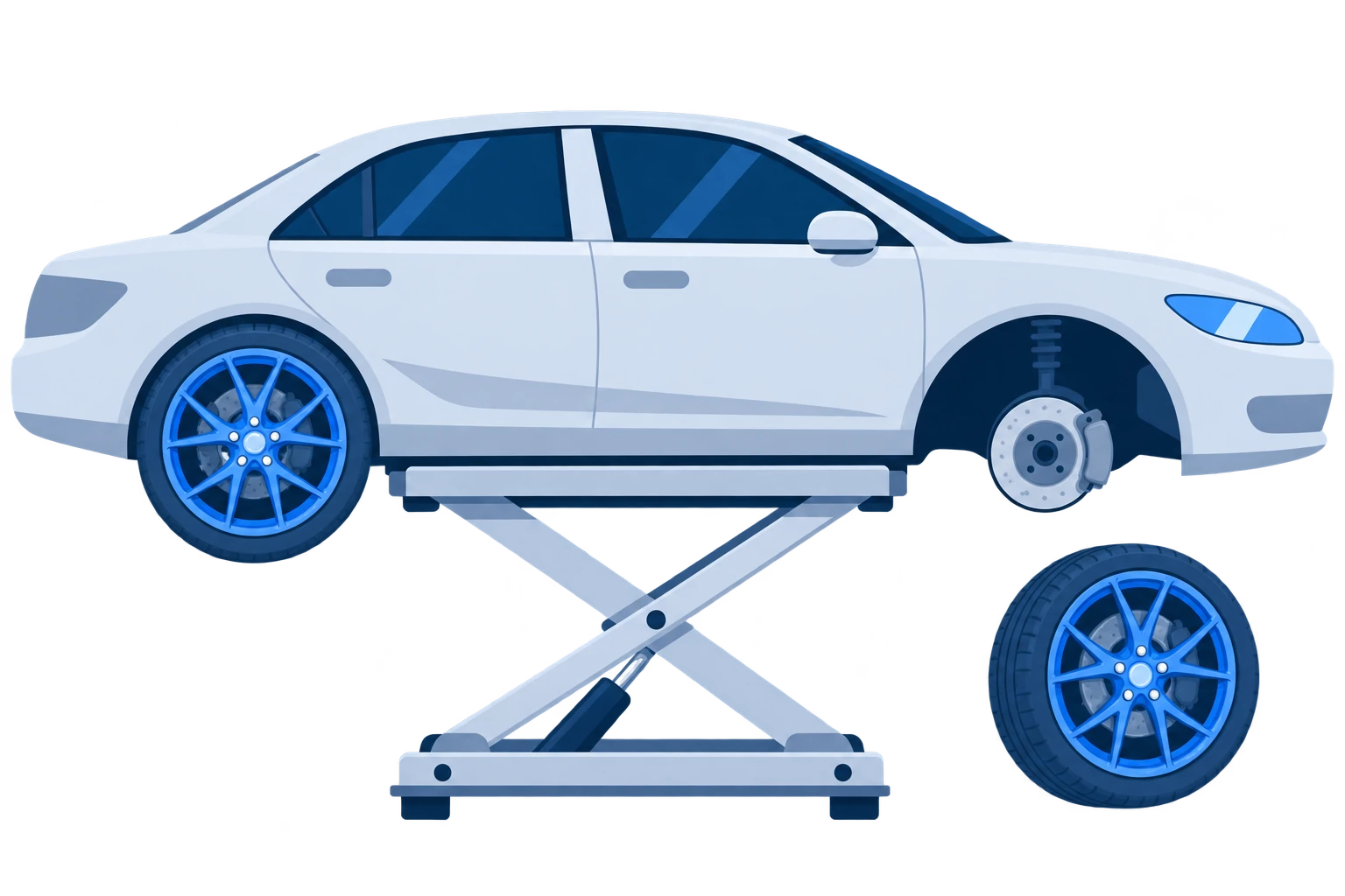 Car on a lift, wheel removed