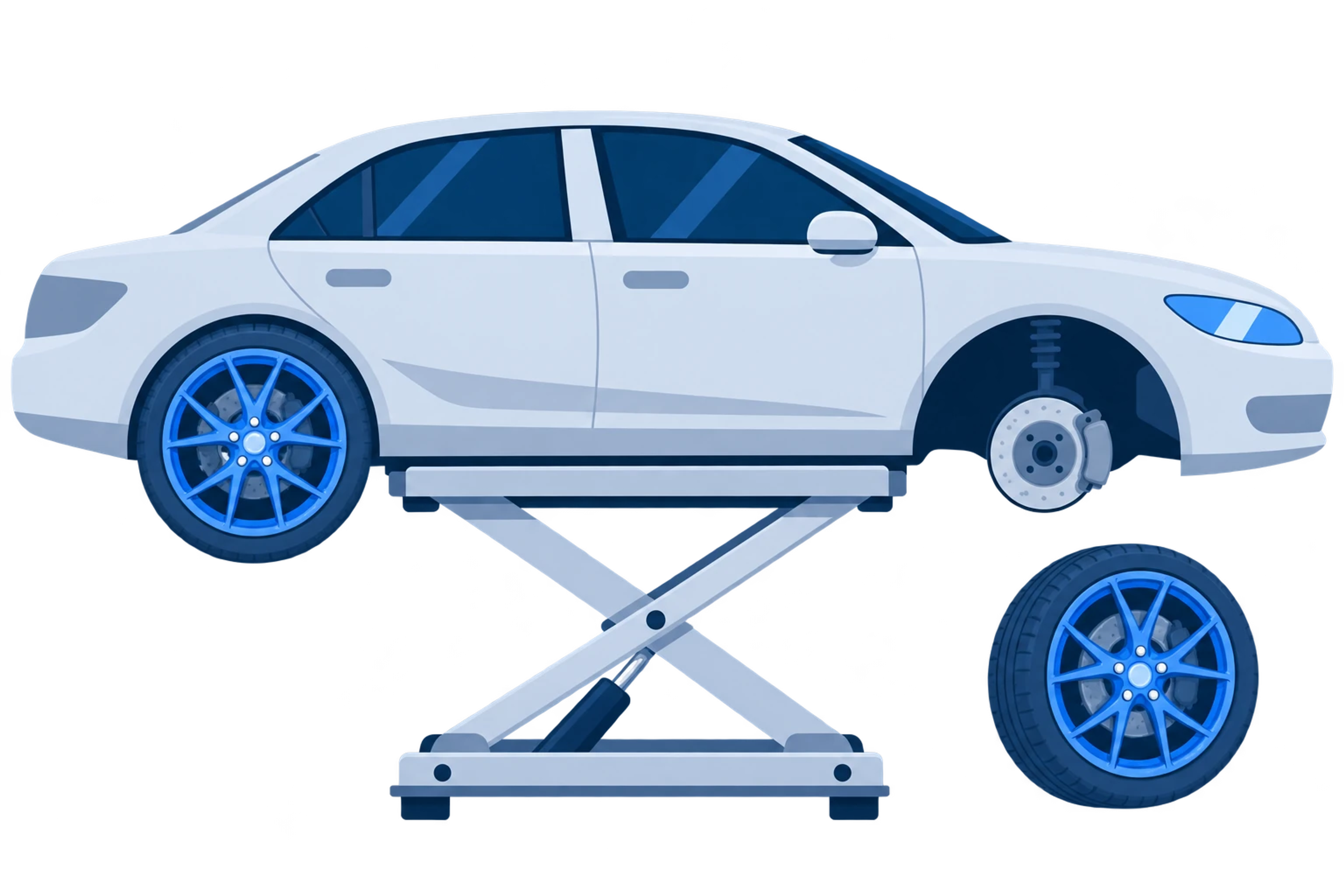Car on a lift, wheel removed