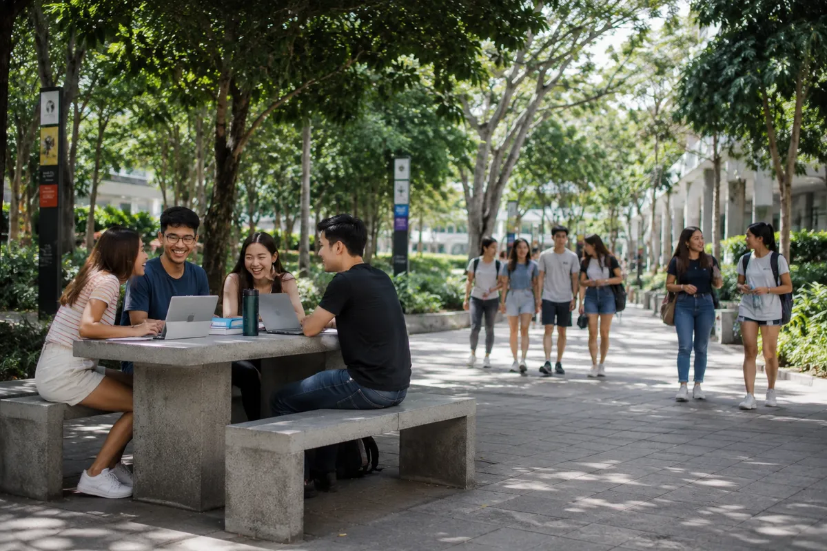 Singapur'da eğitim alan uluslararası öğrenciler modern üniversite kampüsünde akademik ve sosyal yaşamı deneyimliyor.