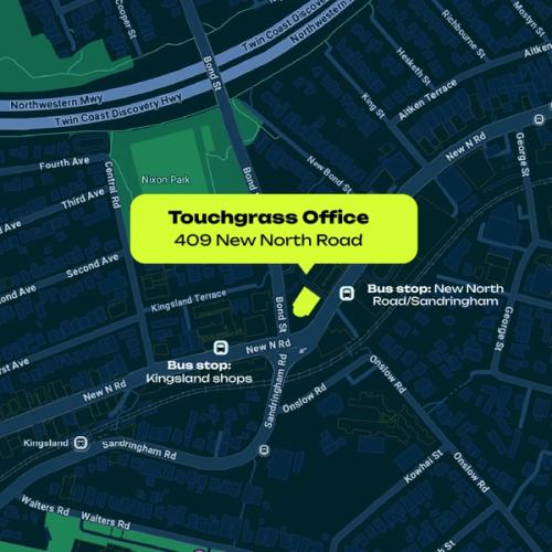 Map showing Touchgrass Office at 409 New North Road and nearby bus stops.