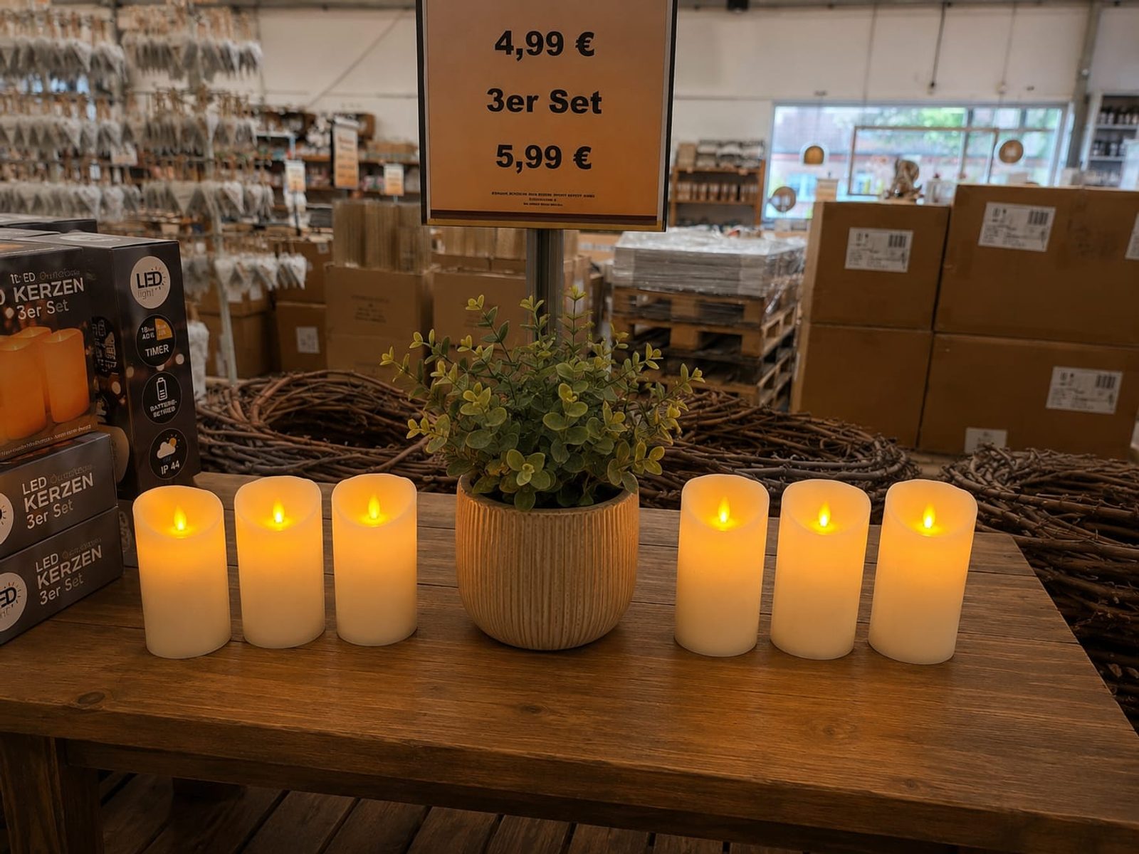 Leuchtende Kerzen mit Pflanze auf einem rustikalen Holztisch.