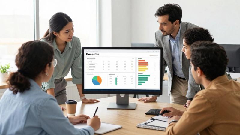 Employees reviewing benefits metrics in a modern office