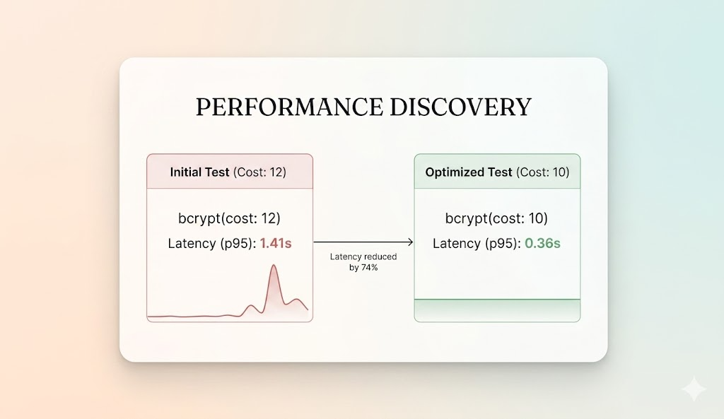 k6 load testing performace discovery, bcrypt optimization