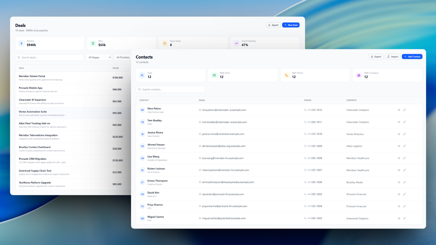 Deals and Contacts Page Screenshots