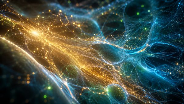 Abstract golden growth-factor particles knitting together luminous tissue fibers