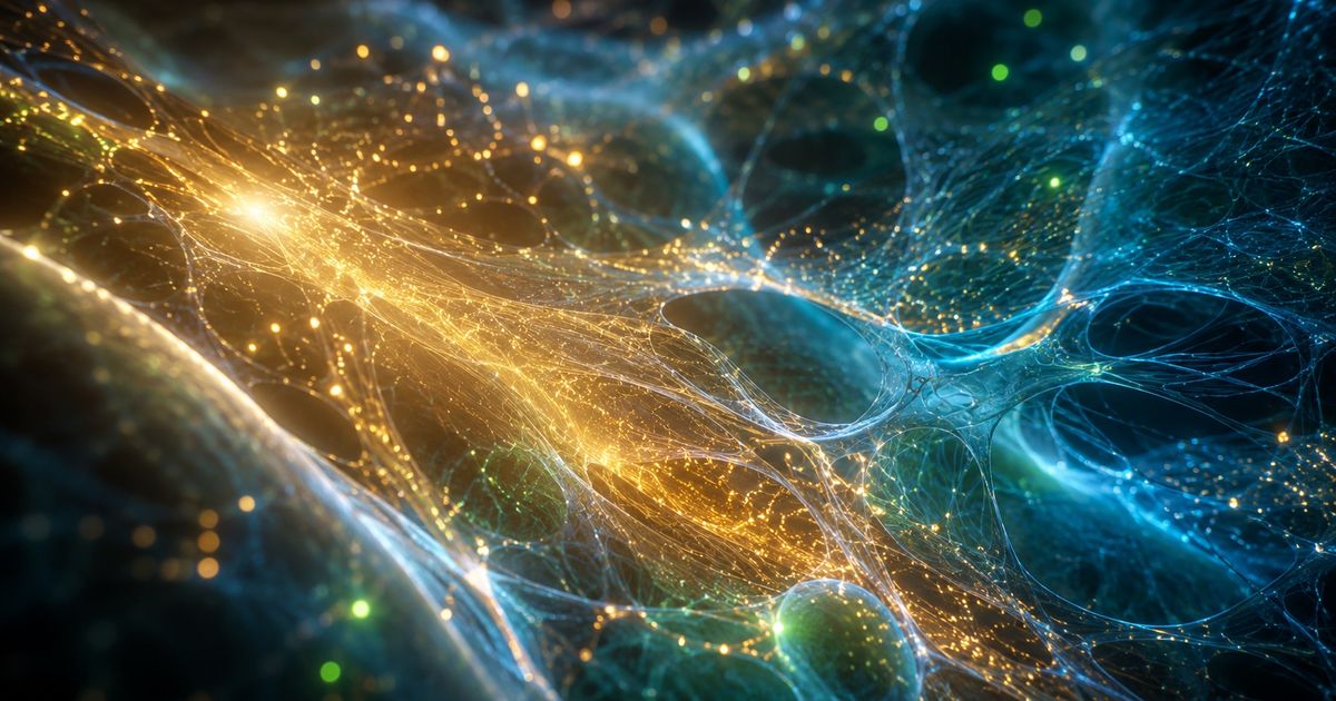 Abstract golden growth-factor particles knitting together luminous tissue fibers