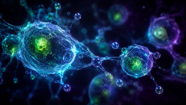 Glowing translucent cells and exosomes regenerating tissue in dark space