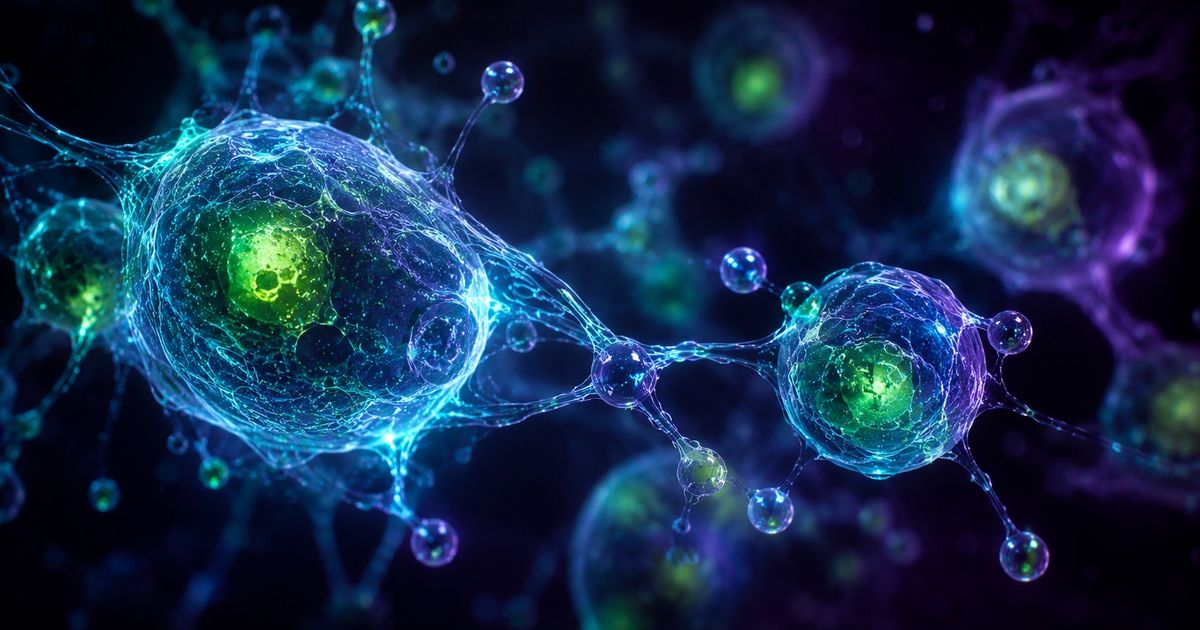 Glowing translucent cells and exosomes regenerating tissue in dark space
