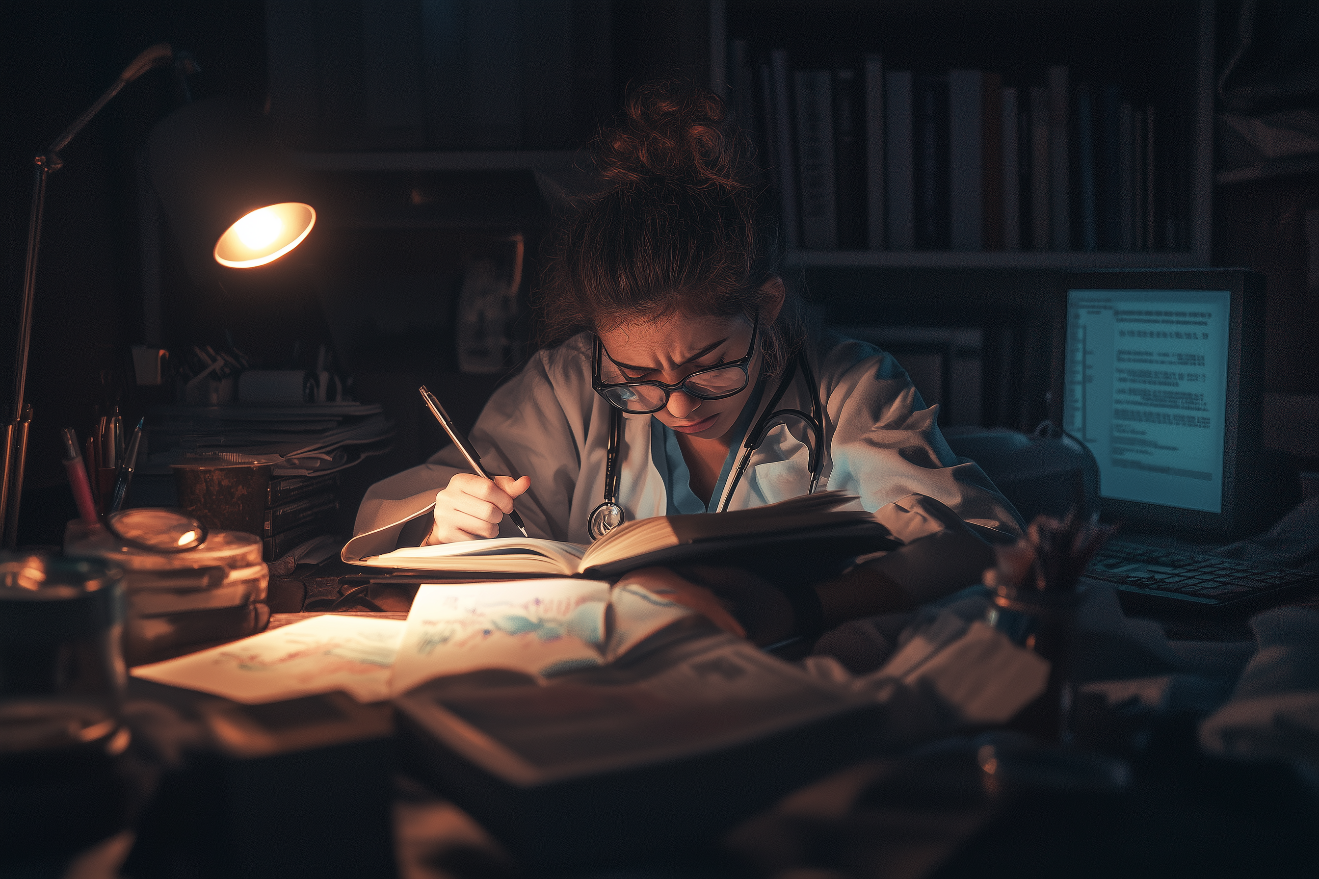 Estudiante de medicina estudiando material extenso durante la noche.
