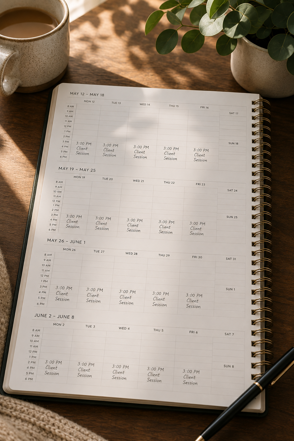An open weekly planner with the same appointment time penciled in across several upcoming weeks