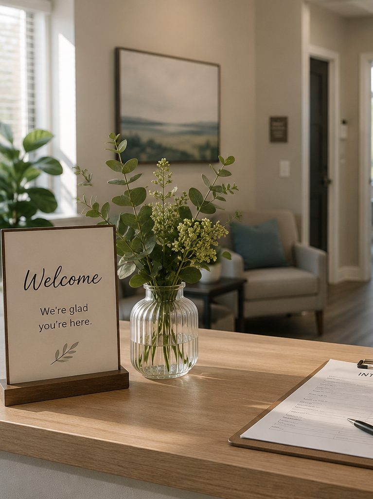 A calm office reception desk with intake clipboard, soft afternoon light, and a small vase of greenery