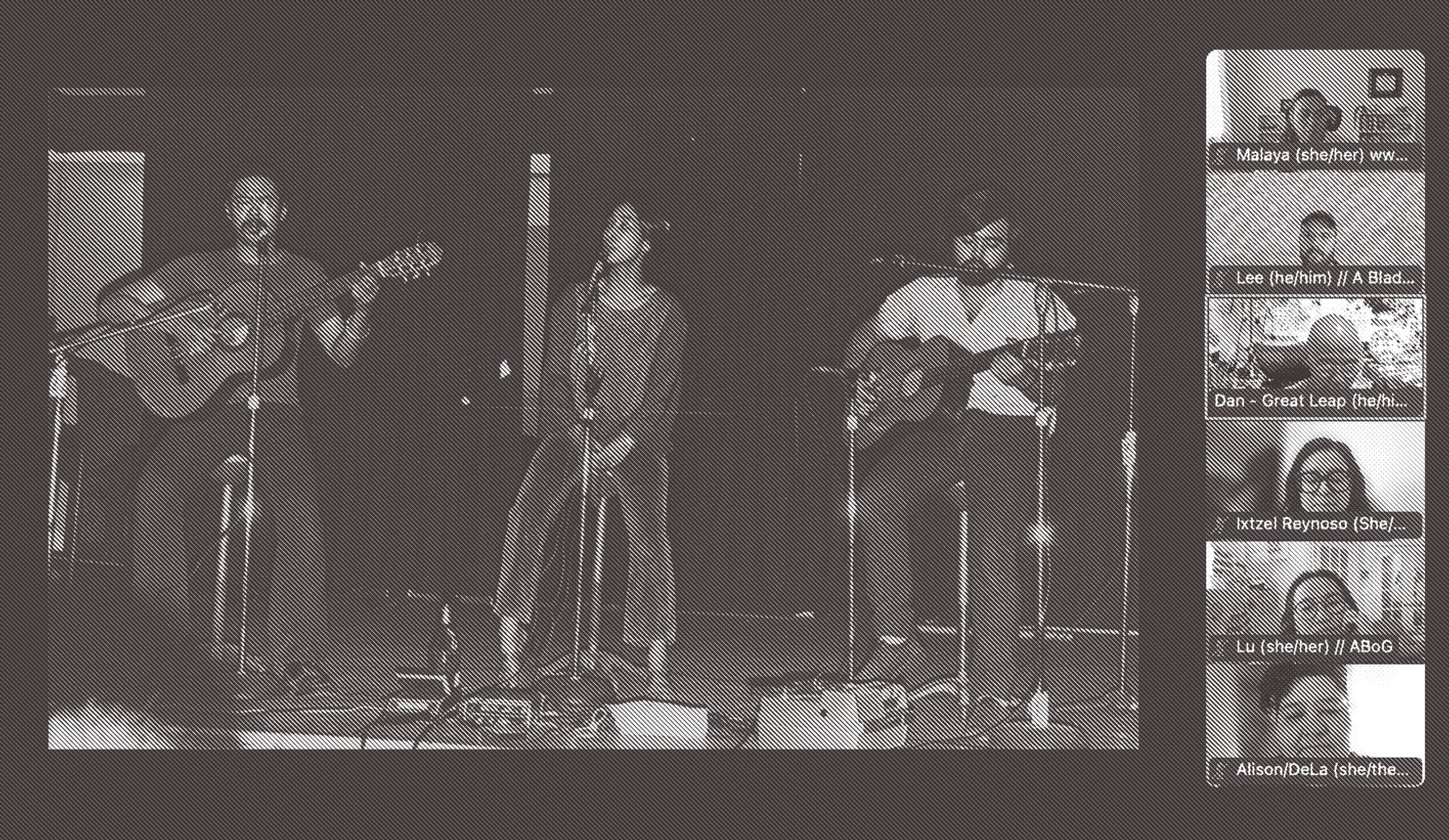 A screenshot of Great Leap presenting archival photos on Zoom. The image is rendered in a brown and white bitmap. 