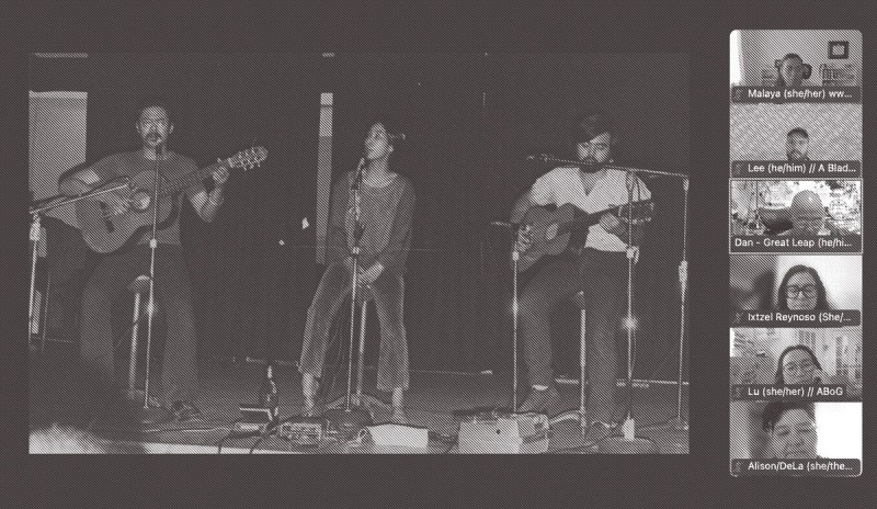 A screenshot of Great Leap presenting archival photos on Zoom. The image is rendered in a brown and white bitmap. 