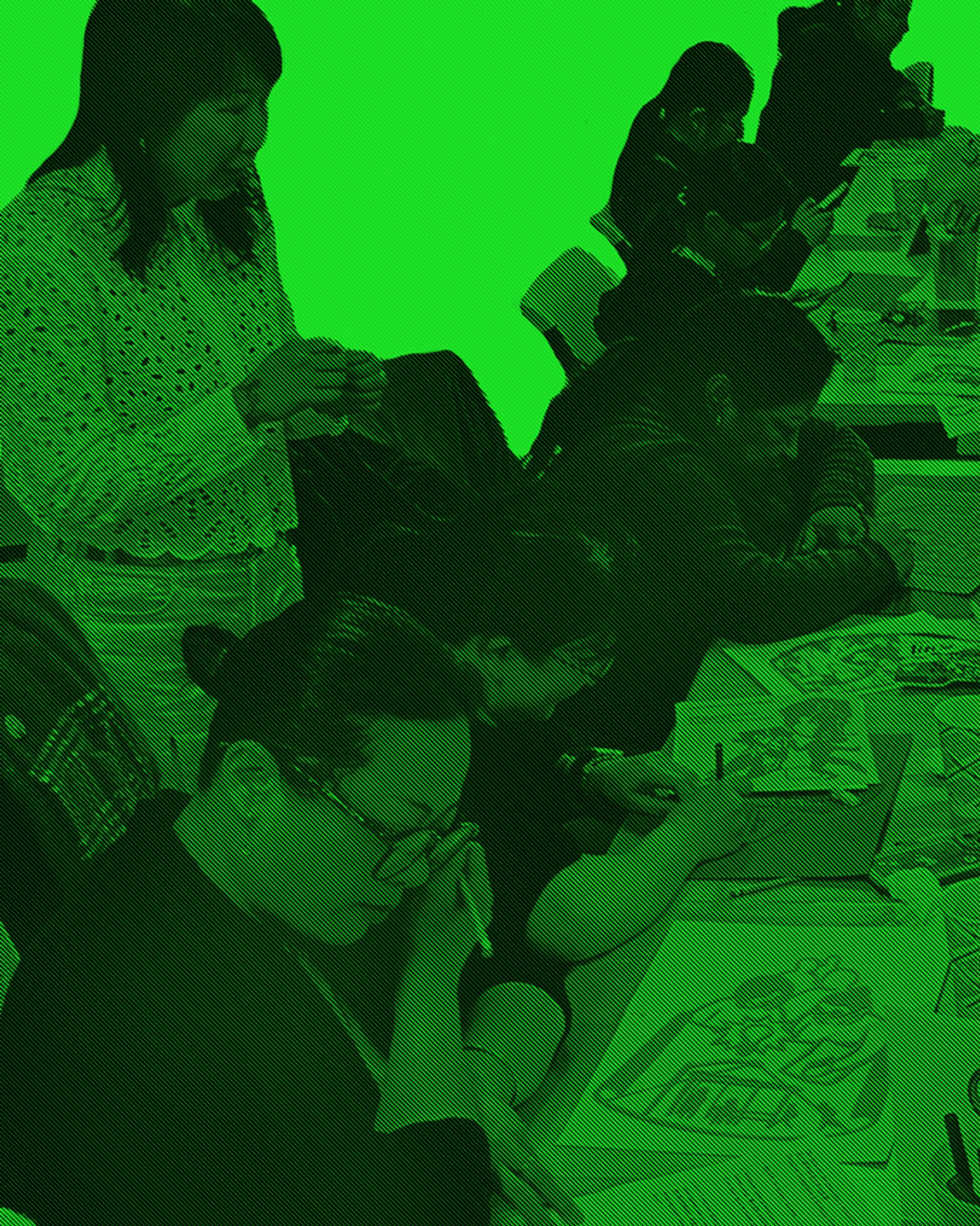 An image of participants at a table working on Chinese cut paper images. Artist Christine Wong Yap stands behind them. The photo is filtered to be a two-tone lime green bitmap.