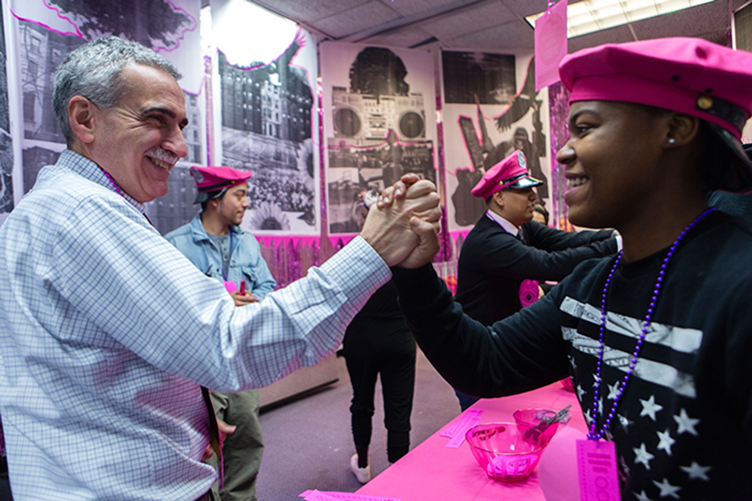 The Honorable Judge Gubbay and YNY Graduate Shawnti catch up at YNY’s latest participant-designed public art installation. Bringing together young people and criminal legal professionals at exhibitions humanizes the culture of the courts and encourages more proportionate alternative sentencing for court-involved youth. Catching Kindness: Visions for Neighborhood Policing, Department of Probation, December 2017. Photo: Mansura Khanam. 