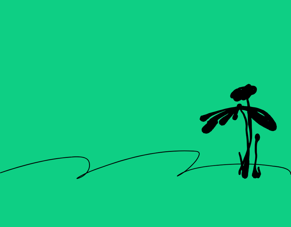 A green graphic illustration with an outline of a flower and a horizontal squiggle near the bottom of the design. 