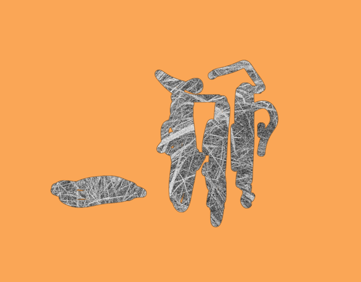 A muted orange background with a black and white image of abstract shapes with a photo of grass inside it.