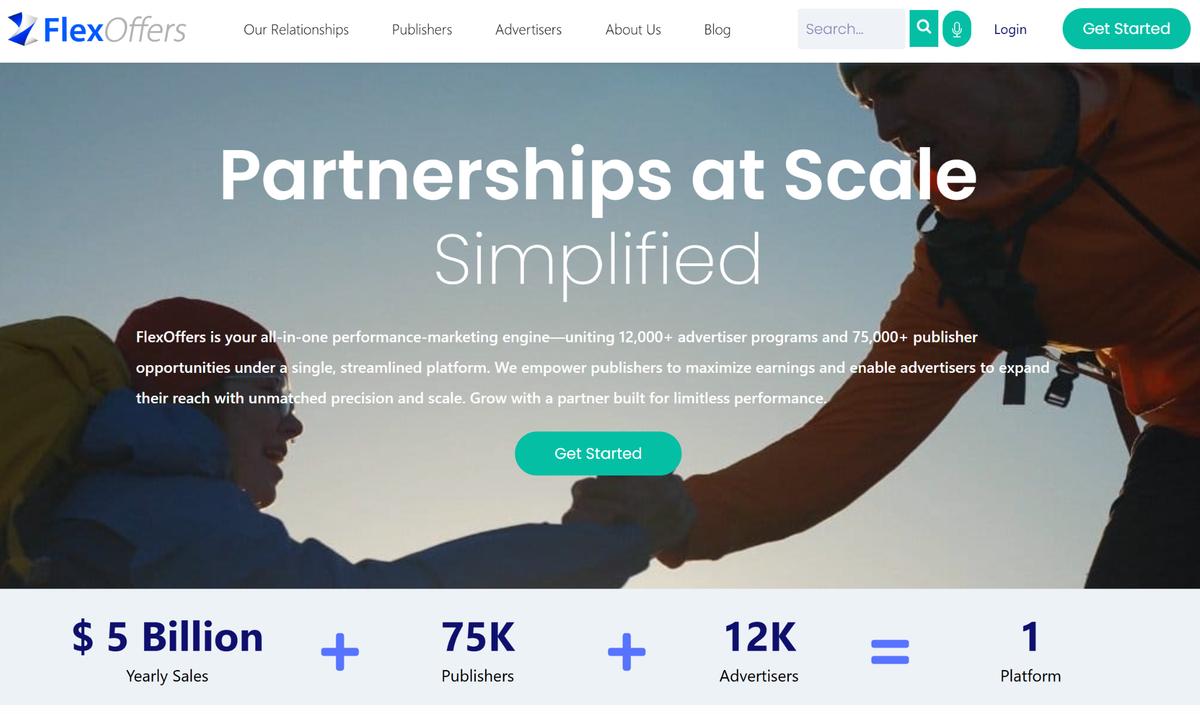 FlexOffers homepage showing two hikers, 'Partnerships at Scale Simplified' text, and marketing statistics.