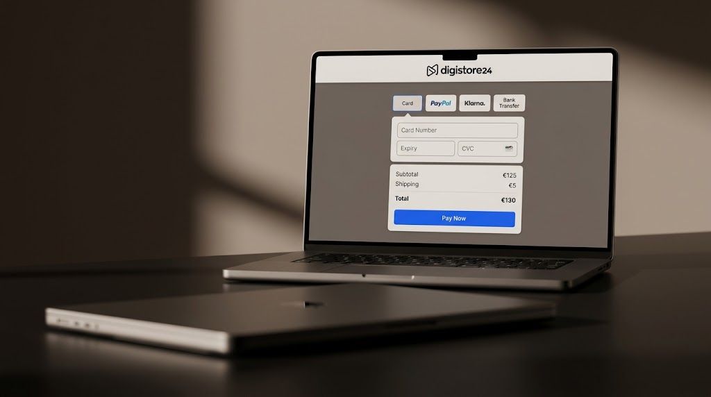 An open laptop shows a Digistore24 payment screen with options for card, PayPal, Klarna, and bank transfer, totaling €130. A closed laptop is in the foreground.