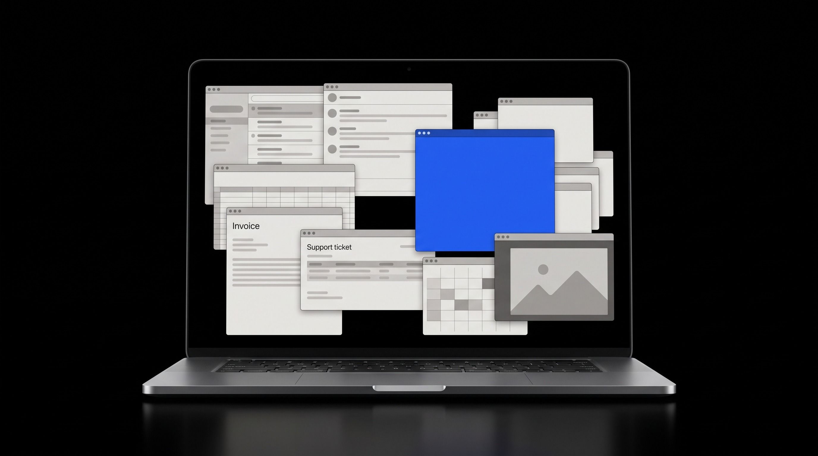 A laptop screen filled with multiple overlapping application windows, one blue and prominent.