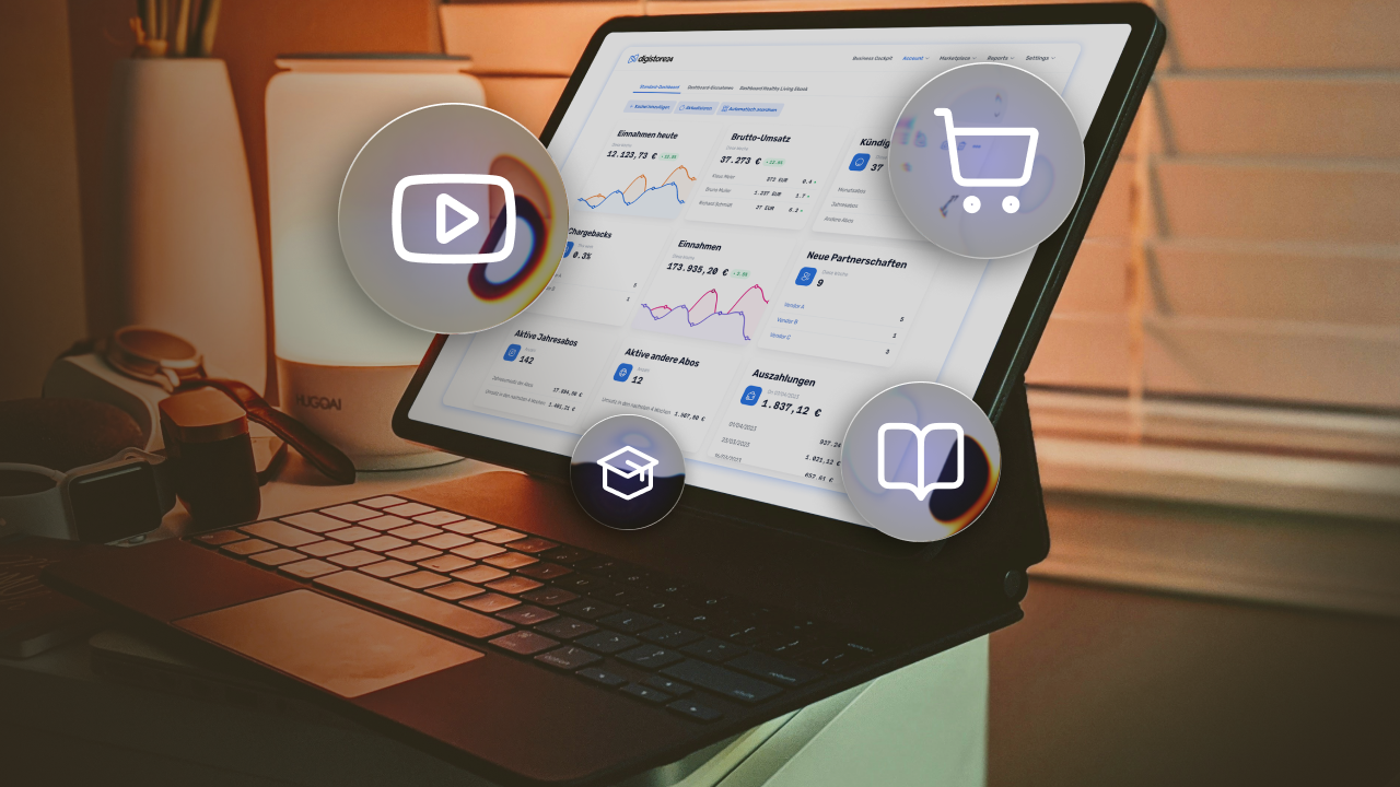 Laptop mit einem Dashboard, auf dem Symbole für Video, Shopping und Bildung eingeblendet sind