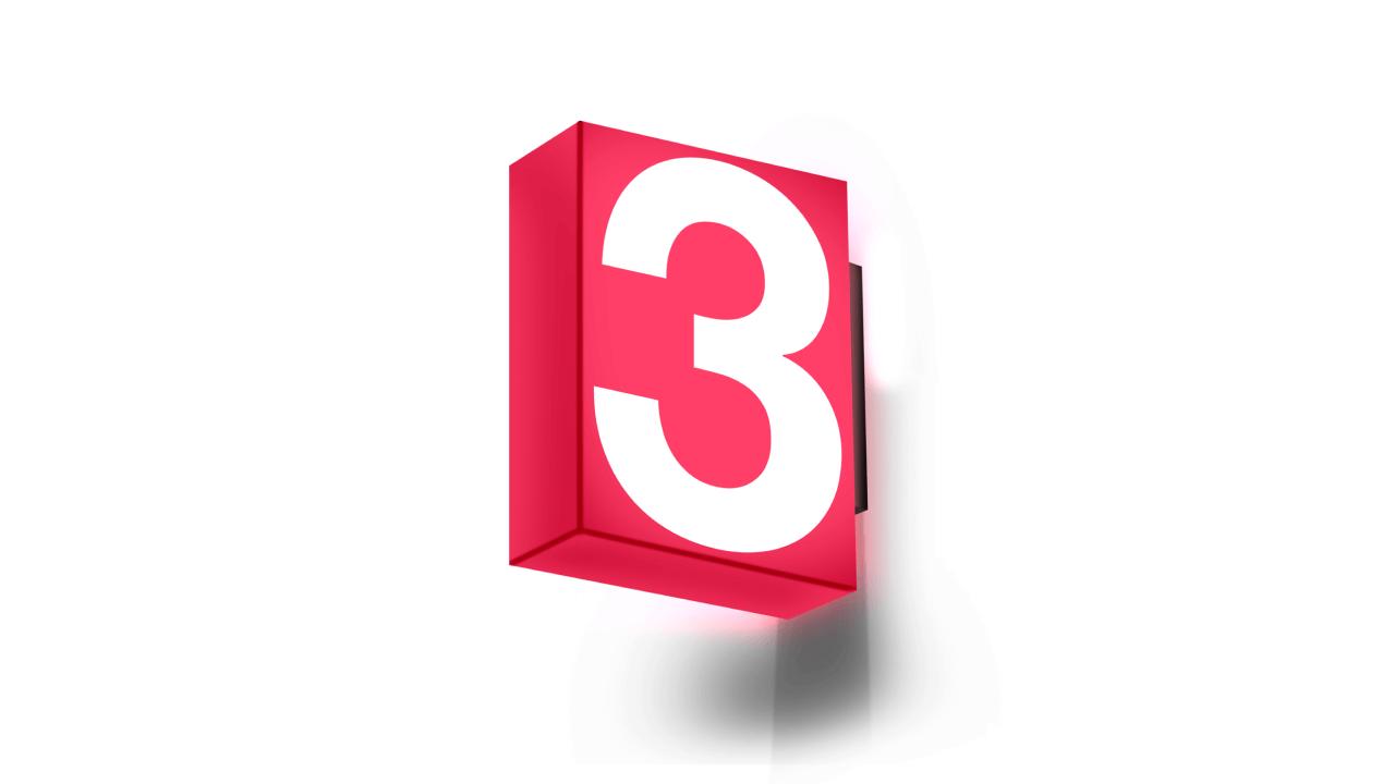 Red 3D block with a white number 3, casting a shadow.