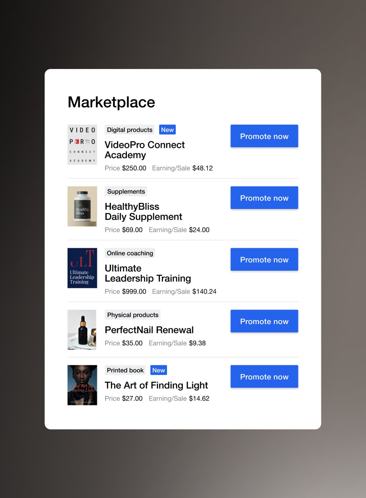 A marketplace interface displaying various products like digital courses, supplements, and books, each with a "Promote now" button.