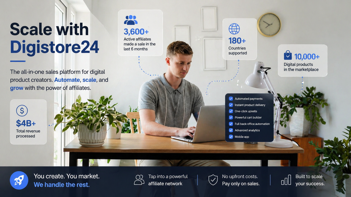 Advertisement for Digistore24, an all-in-one sales platform for digital product creators, highlighting global support, affiliate network, and $4B+ processed revenue.