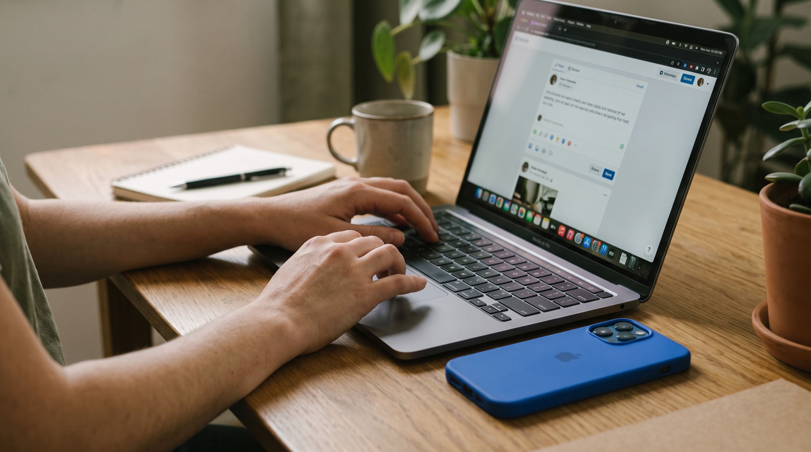 Hands typing on a laptop at a wooden desk, with a blue iPhone next to it.