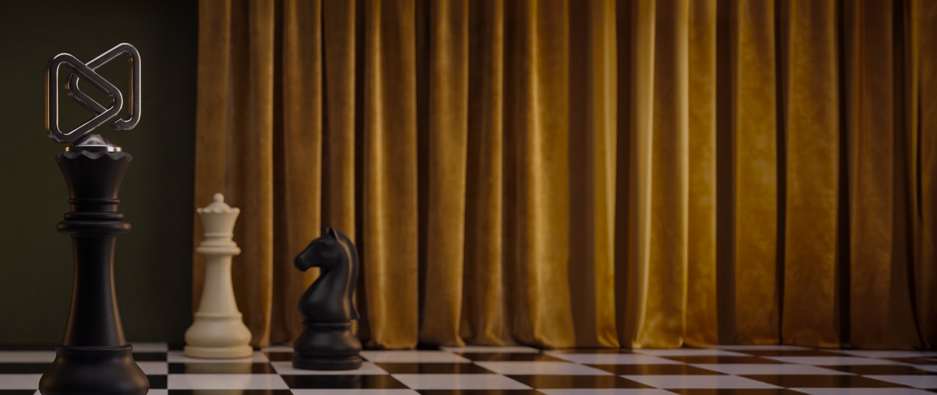 A black king topped with an intertwined metal symbol, a white queen, and a black knight on a chessboard, against golden curtains.