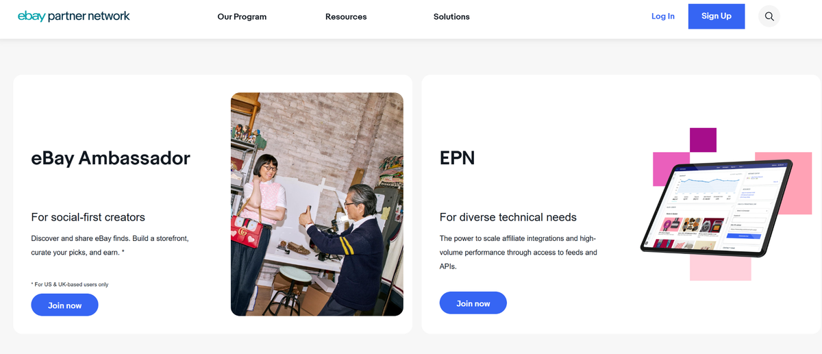 Landing page for the eBay Partner Network, offering "eBay Ambassador" for creators and "EPN" for technical needs.
