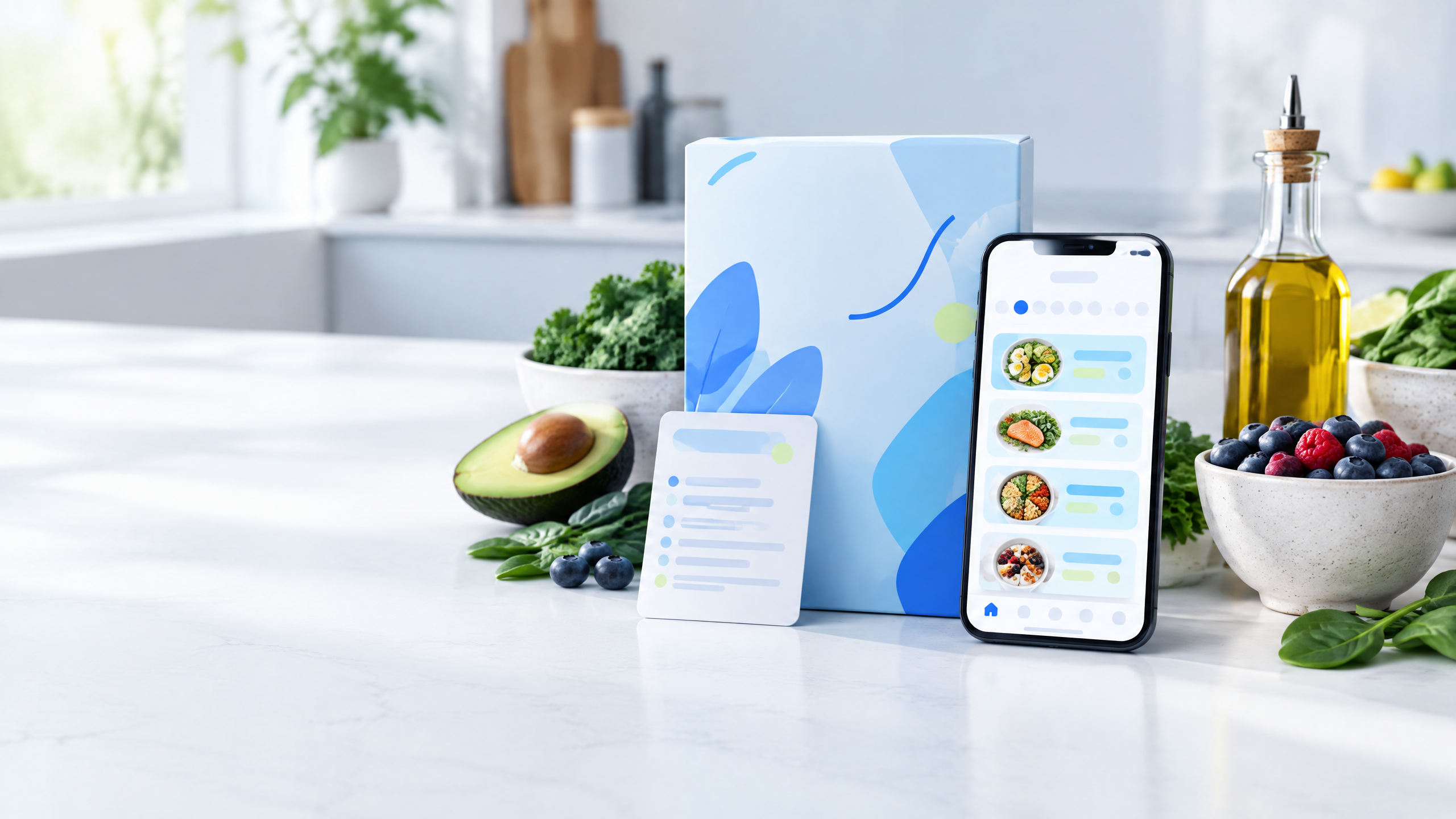A meal kit box, recipe card, and smartphone displaying a meal plan, surrounded by fresh healthy foods on a kitchen counter.