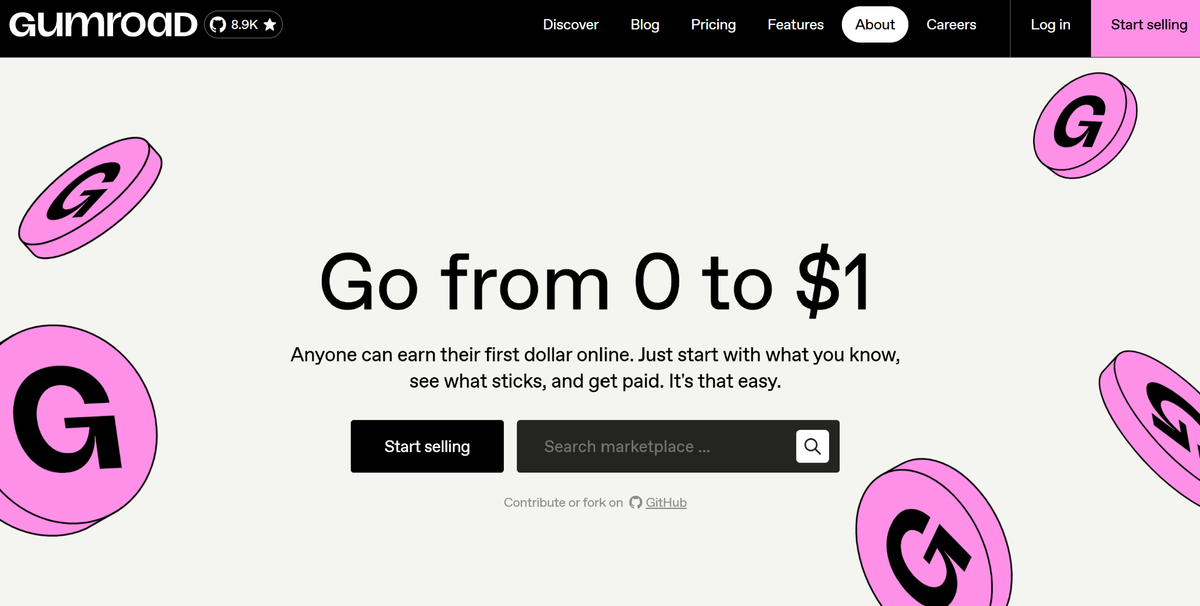 Gumroad homepage featuring "Go from 0 to $1" and pink G-coin illustrations.
