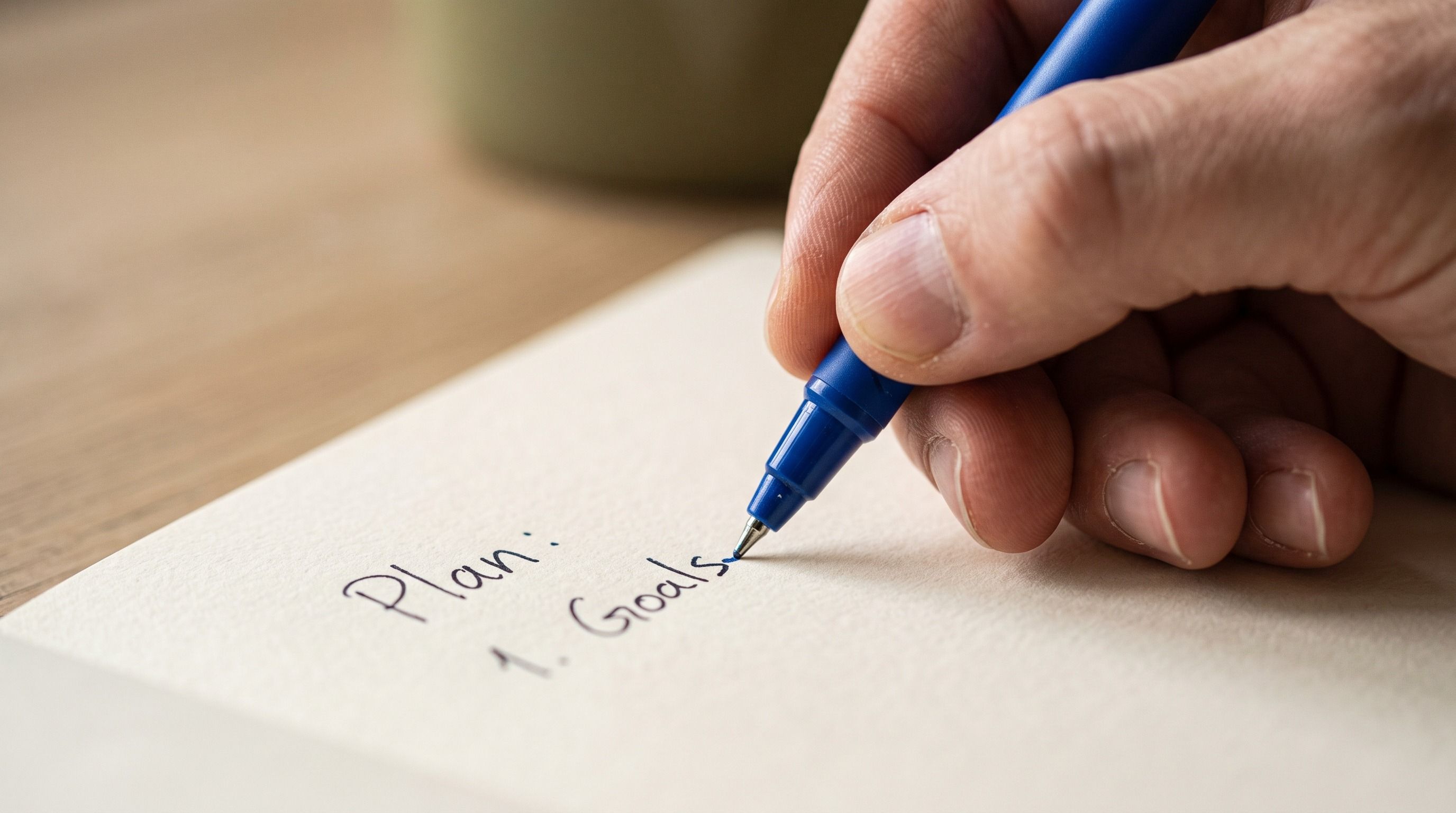A hand writes "Plan: 1. Goals" in a notebook.